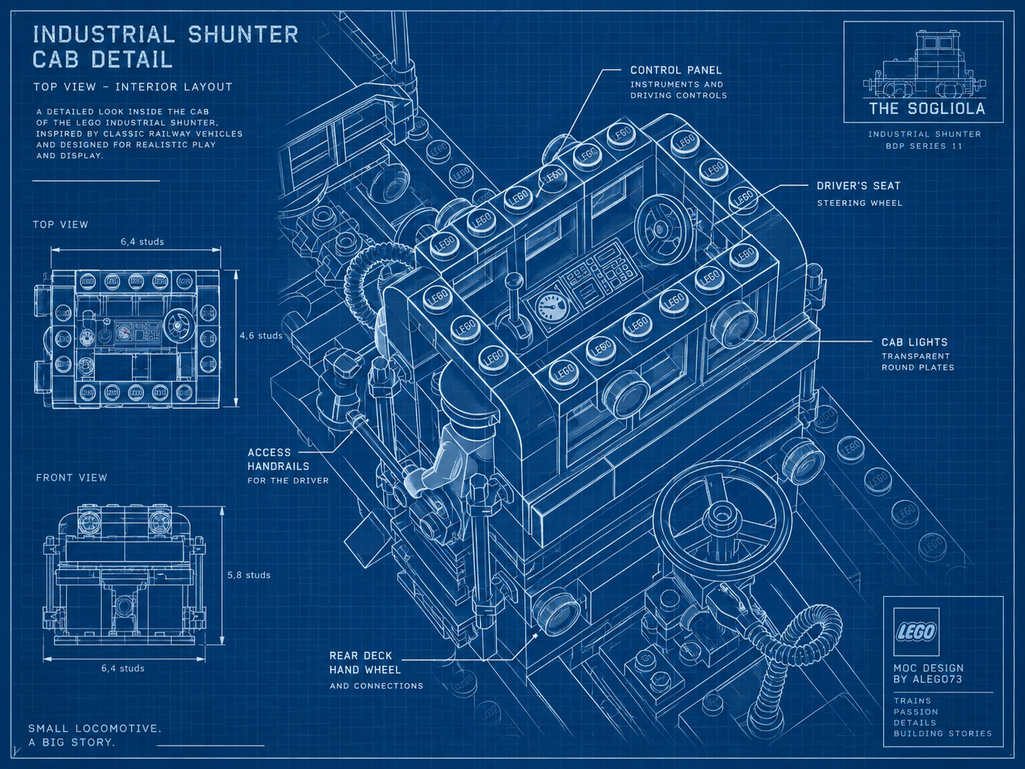 Tavola tecnica in stile blueprint della cabina della locomotiva LEGO L914 Sogliola